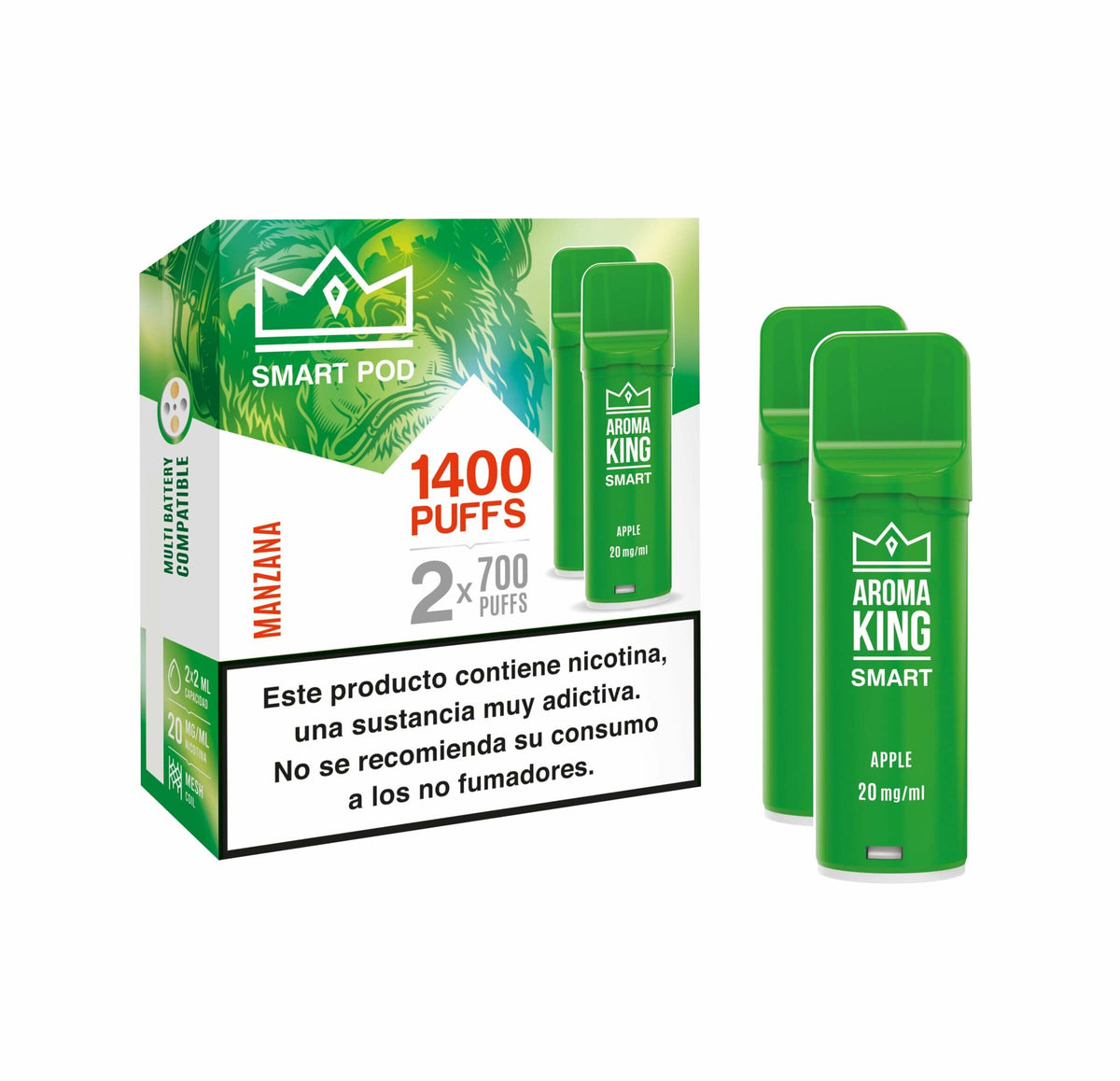 Aroma King Smart Gélule arôme pomme 20 mg/ml 1400 bouffées (2x700), dispositif vert avec boîte d'origine.
