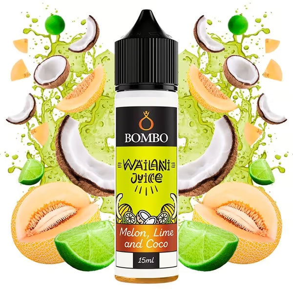Botella de aroma Wailani Juice by Bombo Melon, Lime and Coco de 15 ml (formato longfill 15/60 ml), con diseño tropical y colorido, que representa un sabor refrescante de melón, lima y coco.