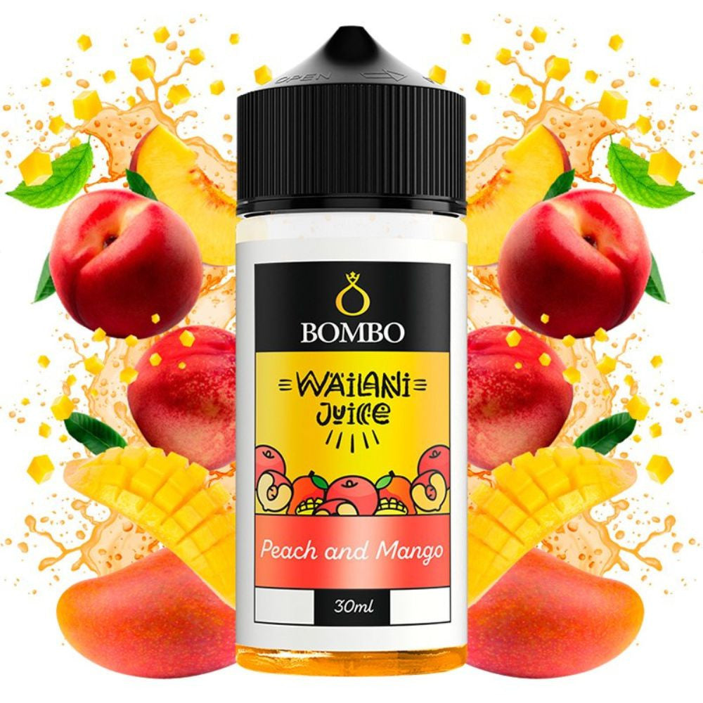 Wailani Juice di Bombo Flacone aroma longfill pesca e mango da 30 ml (formato 30/120 ml), dal design fruttato che evoca pesca e mango.