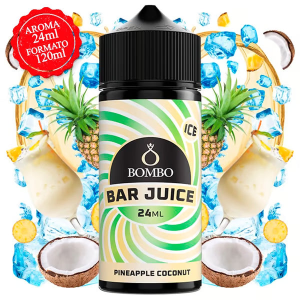 Bottiglia aromatica a riempimento lungo Bombo Bar Juice Gusto Pineapple Coconut da 12 ml, dal design tropicale che evoca l'ananas e il cocco.