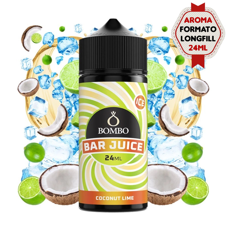 aroma bottle Bombo Bar Juice Coconut Lime Ice 24 ml (24/120 ml longfill format), with a striking and colorful design, which represents a tropical flavor of creamy coconut and citrus lime with an intense refreshing touch.