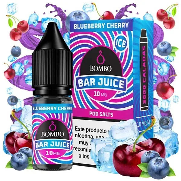 bottiglia di liquido elettronico Bombo Bar Juice Blueberry Cherry 10 ml, dal design fruttato che evoca mirtilli e ciliegia.