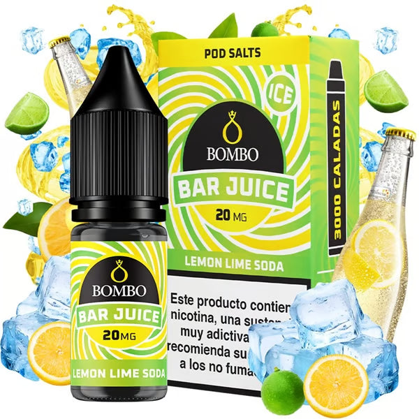 Botella de e-líquido Bombo Bar Juice Lemon Lime Soda de 10 ml, con diseño llamativo y colorido, que representa un sabor refrescante de limón y lima con toque de bebida gaseosa.