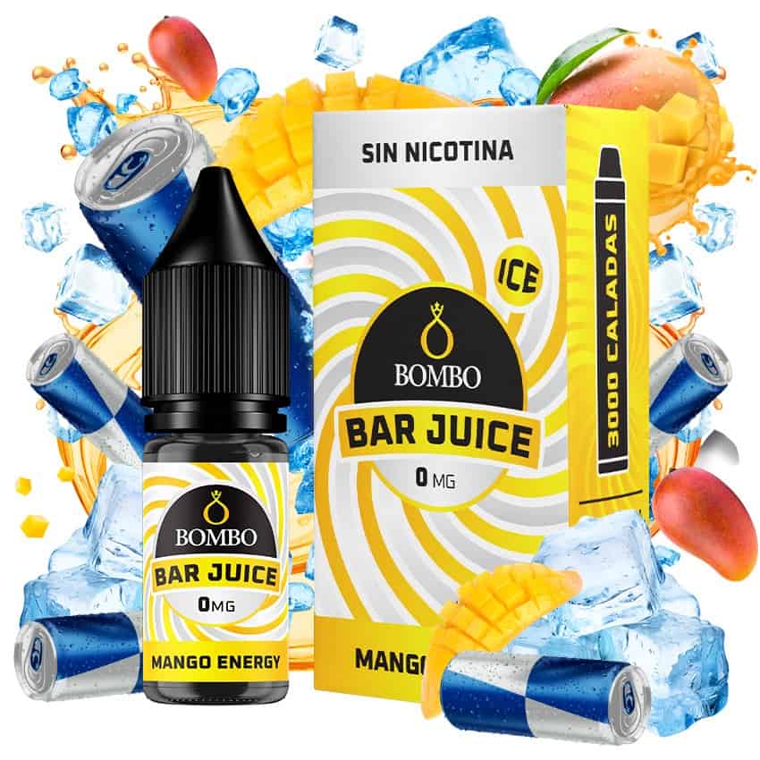 bottiglia di liquido elettronico Bombo Bar Juice Mango Energy da 10 ml con un'etichetta nei toni del giallo, accanto alla sua scatola, accompagnata da mango ed elementi che evocano una bevanda energetica, suggerendo un sapore tropicale, dolce e vibrante.