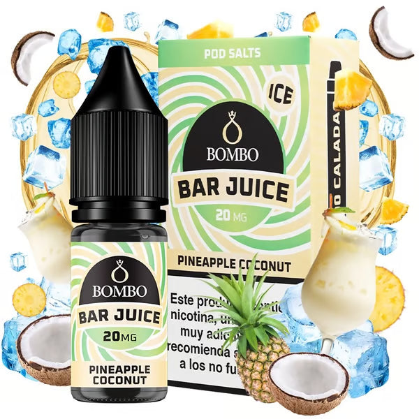 bouteille d'e-liquide Bombo Bar Juice Pineapple Coconut Ice 10 ml, au design saisissant et tropical, qui représente une saveur rafraîchissante d'ananas et de noix de coco avec un effet froid.