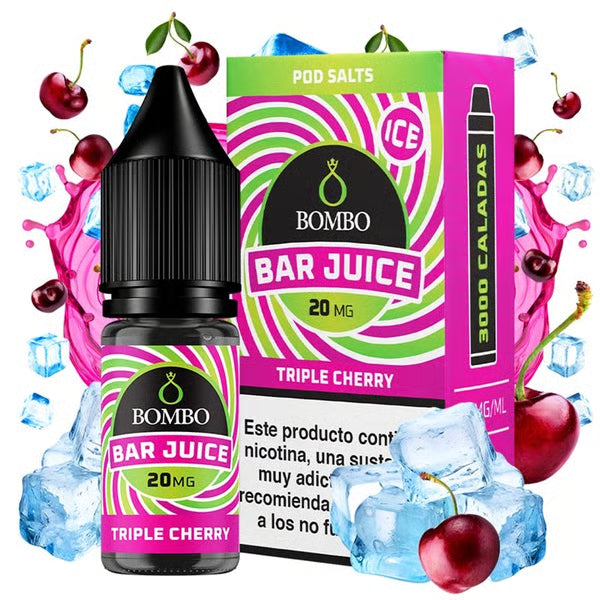 Botella de e-liquid Bombo Bar Juice Triple Cherry de 10 ml con etiqueta en tonos rojos, junto a su caja, acompañada de cerezas que sugieren un sabor intenso, dulce y afrutado.