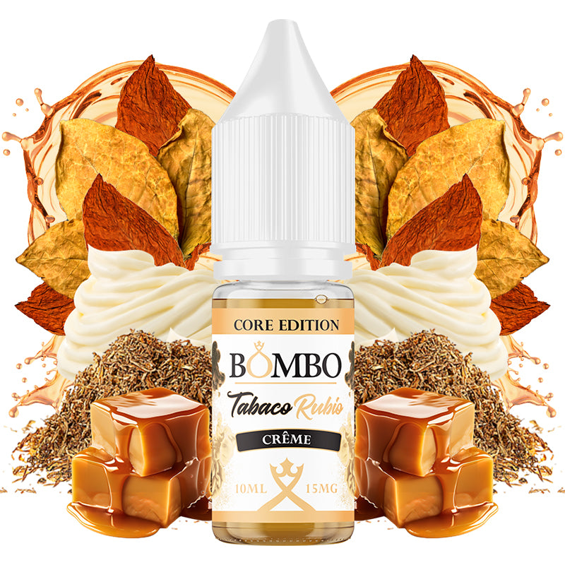 10 ml bottle of Bombo Core Edition e-liquid blonde crème tobacco flavor, with a design that evokes soft tobacco with creamy and sweet nuances.