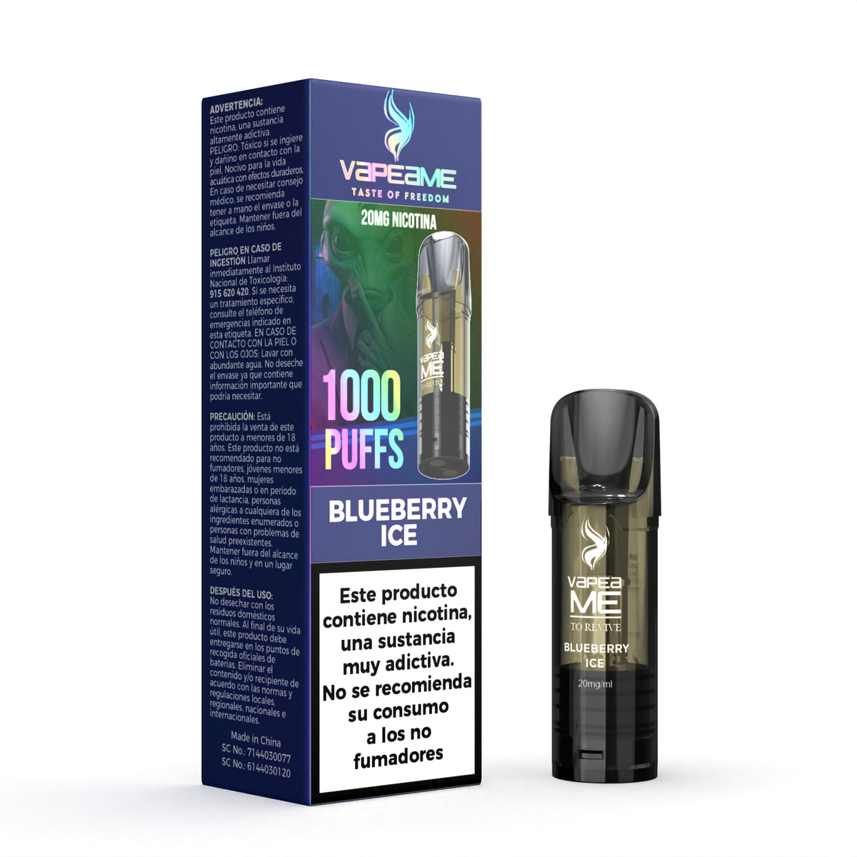 Capsula Vapeame To Revive Blueberry x1, vape pod ricaricabile con e-liquid al gusto dolce di mirtillo, capacità di 2 ml, 20 mg/ml di nicotina e fino a 1000 boccate, presentato insieme alla sua scatola originale con le informazioni sul prodotto.