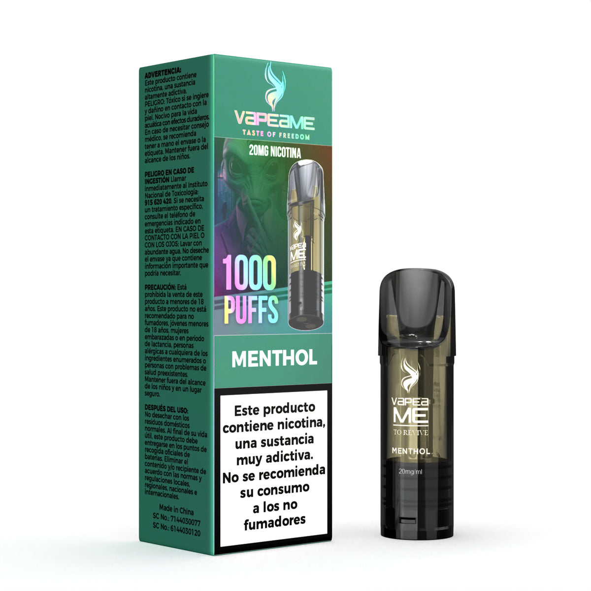 Cápsula Vapeame To Revive Menthol x1, pod recargable para vape con e-liquid sabor mentol refrescante, capacidad de 2 ml, 20 mg/ml de nicotina y hasta 1000 puffs, presentada junto a su caja original con información del producto.