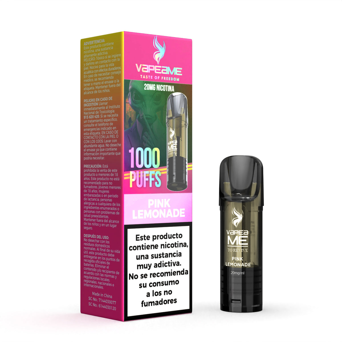 Cápsula Vapeame To Revive Pink Lemonade x1, pod recargable para vape con e-liquid sabor limonada rosa con notas cítricas y dulces, capacidad de 2 ml, 20 mg/ml de nicotina y hasta 1000 puffs, presentada junto a su caja original con información del producto.