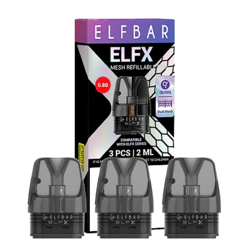 Cartouche ELFBAR ELFX (pack de 3 unités), avec design transparent et embout intégré, système de maille rechargeable de 2 ml et résistance de 0,8 ohm pour une vapotage équilibrée de saveur et de vapeur.