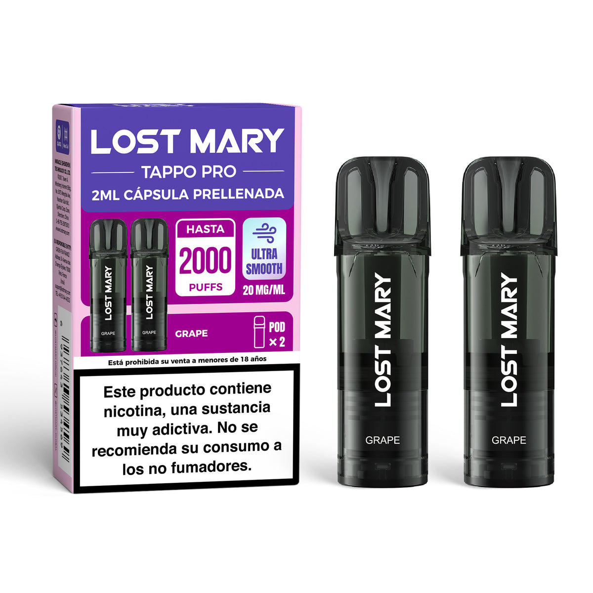Cartucho x2 Lost Mary Tappo Grape: cápsulas precargadas diseñadas para dispositivos Lost Mary Tappo / Tappo Air / Tappo Pro, con sabor uva dulce y jugosa, ofreciendo una experiencia afrutada intensa y suave.