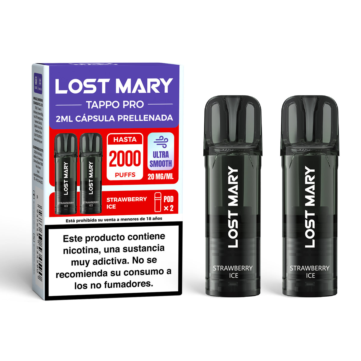 Cartucho x2 Lost Mary Tappo Strawberry: cápsulas precargadas compatibles con dispositivos Lost Mary Tappo / Tappo Air / Tappo Pro, con sabor fresa dulce y jugosa, ofreciendo una experiencia suave, equilibrada y muy aromática.