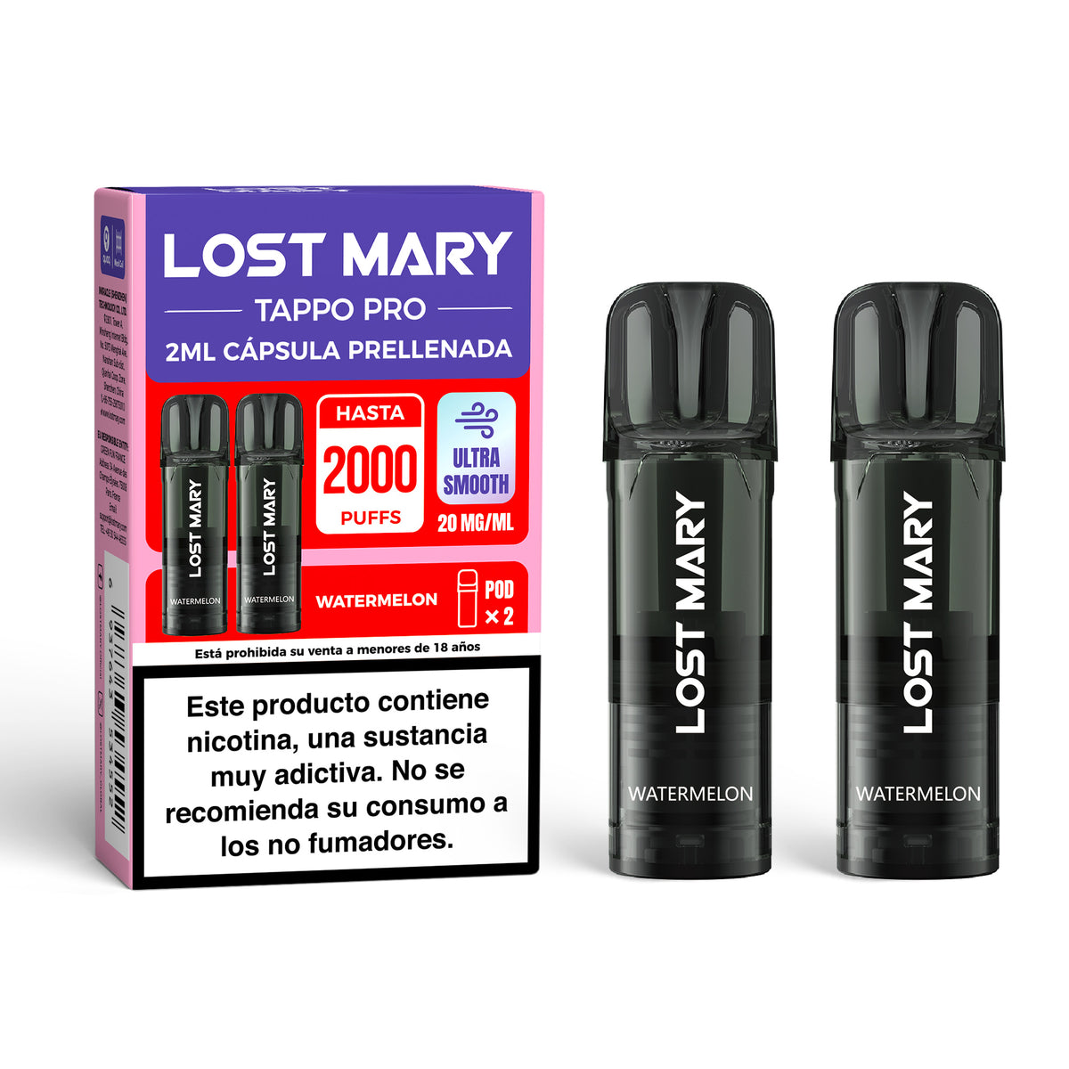 Cartuccia x2 Lost Mary Tappo Anguria – Capsule preriempite compatibili con il dispositivo Lost Mary Tappo / Tappo Air / Tappo Pro, dal sapore dolce e succoso di anguria, offre un'esperienza leggera e rinfrescante.