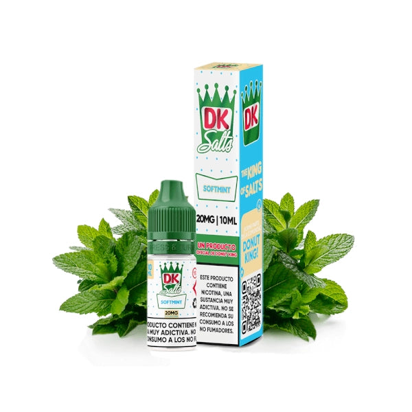 Líquido Donut King Salts Softmint 10 ml con botella y caja original, acompañado de hojas de menta que representan su sabor.