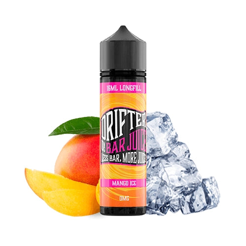 Aroma Drifter Bar Juice Mango Ice 16 ml en formato longfill, botella con etiqueta en tonos tropicales junto a mango y hielo que representan su sabor.