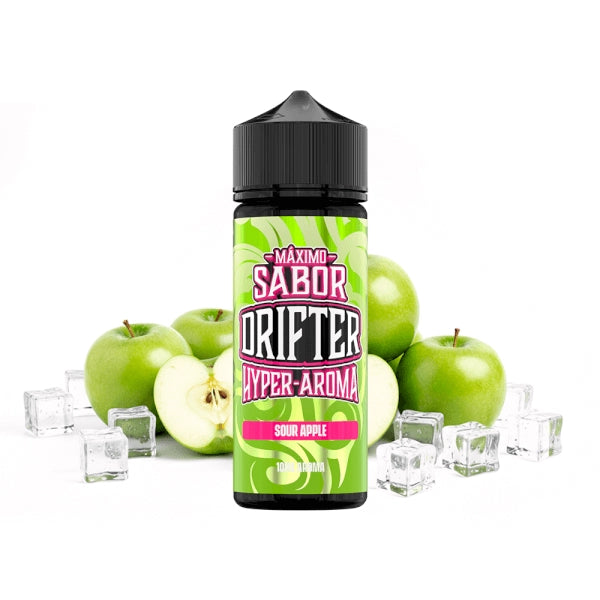 Aroma Drifter Hyper Sour Apple 10 ml en formato longfill, botella con etiqueta verde junto a manzana verde que representa su sabor.