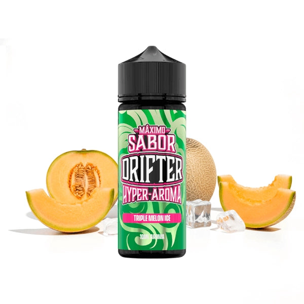 Aroma Drifter Hyper Triple Melon Ice 10 ml en formato longfill, botella con etiqueta verde junto a diferentes tipos de melón y hielo que representan su sabor.