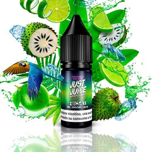 Líquido para vapeo Just Juice Nic Salts Exotic Fruits Guanabana & Lime On Ice 10ml, botella de sales de nicotina con diseño en tonos tropicales, acompañado de guanábana, lima y cubitos de hielo que representan su sabor.