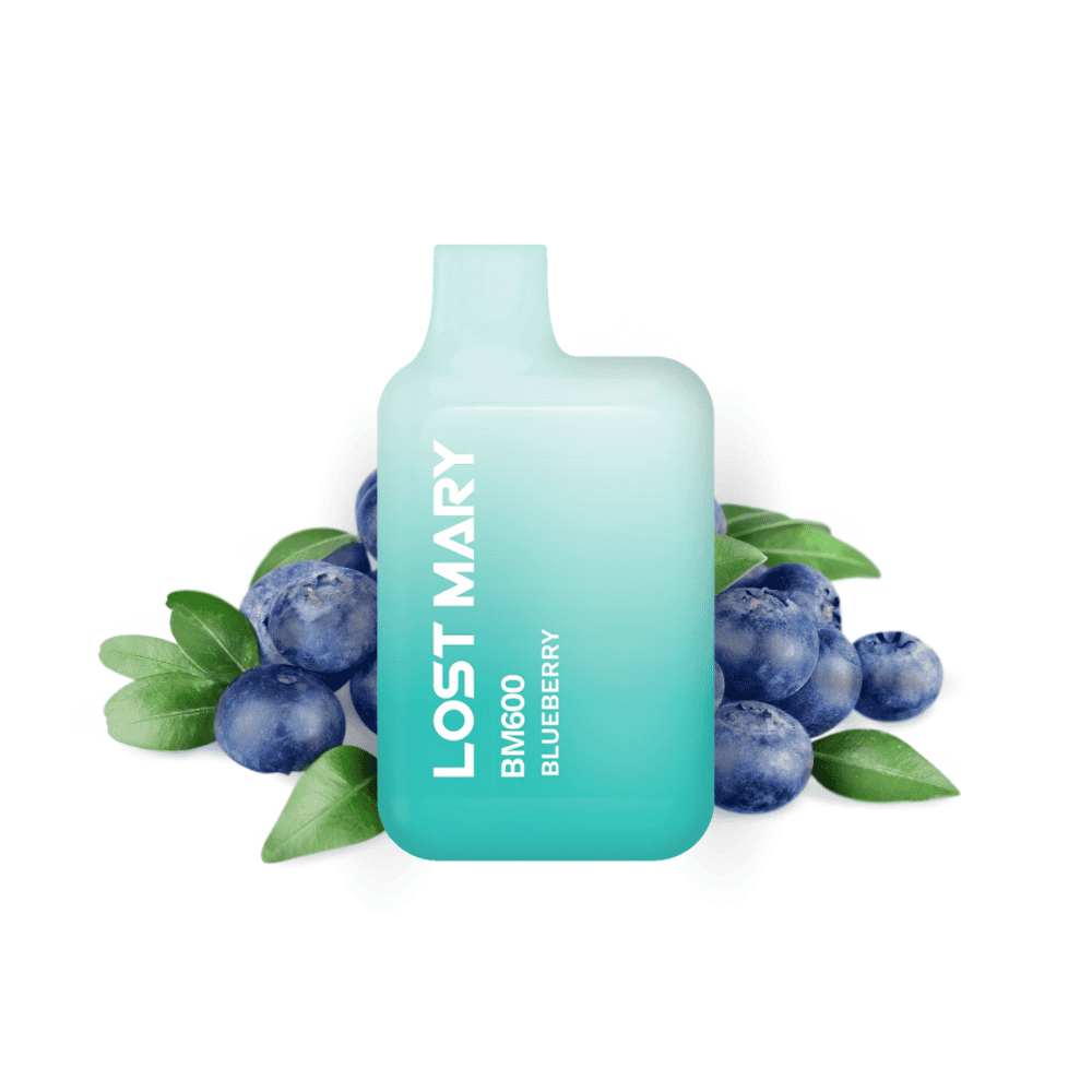 Disposable Vape Lost Mary BM600 Blueberry 20 mg/ml, compact device with up to 600 puffs and sweet blueberry flavor e-liquid, blue and green gradient design with integrated mouthpiece and visual presentation with blueberries that represent the flavor of the product.