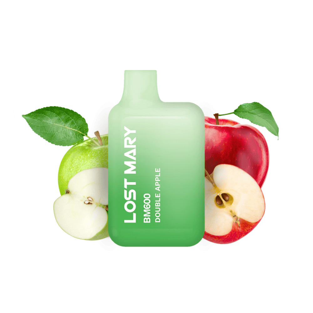 Sigaretta Elettronica Usa e Getta Lost Mary BM600 Double Apple 20 mg/ml, dispositivo compatto con un massimo di 600 spruzzi e e-liquid al doppio gusto di mela (miscela di mela verde e rossa), design verde con bocchino integrato e presentazione visiva con mele che rappresentano il sapore del prodotto.