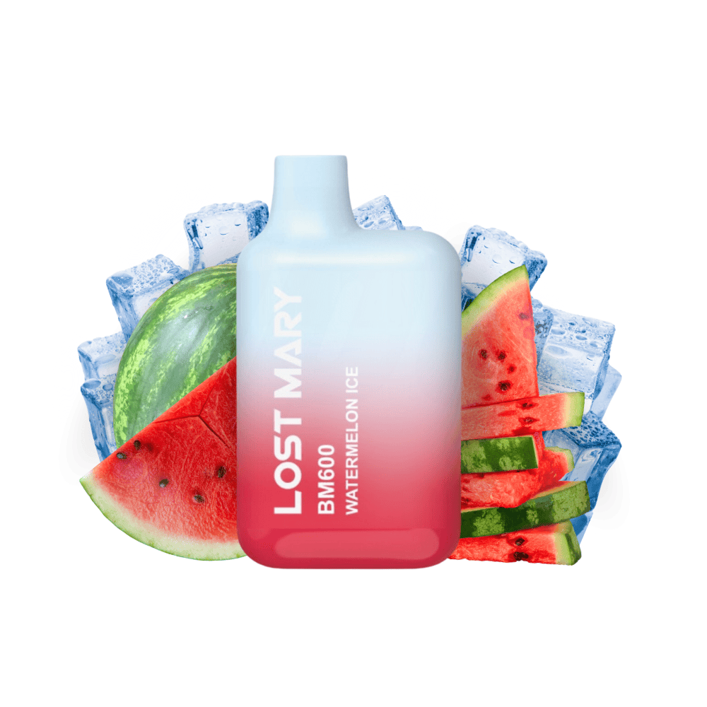 Sigaretta Elettronica Usa e Getta Lost Mary BM600 Watermelon Ice 20 mg/ml, dispositivo compatto con un massimo di 600 spruzzi e e-liquid al gusto di anguria con un tocco rinfrescante di mentolo, design ergonomico con bocchino integrato e presentazione visiva ispirata all'anguria e al ghiaccio che rappresentano il sapore del prodotto.