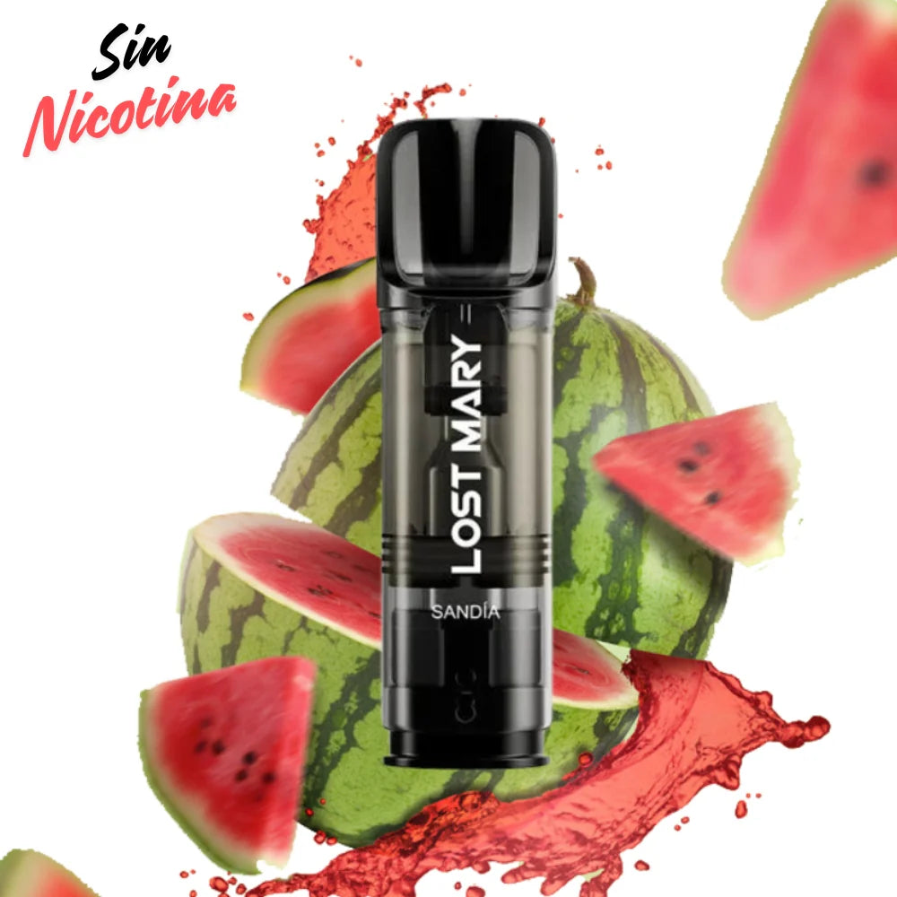 Lost Mary Tappo Air Watermelon Capsule Without Nicotine (Pack 2): pre-filled capsules compatible with devices Lost Mary Tappo Air, with a sweet and refreshing watermelon flavor, designed to offer a smooth vaping experience without nicotine (0 mg). Each capsule contains 2 ml of e-liquid and offers approximately up to 600 puffs, and includes 2 capsules per pack for quick and convenient replacement.