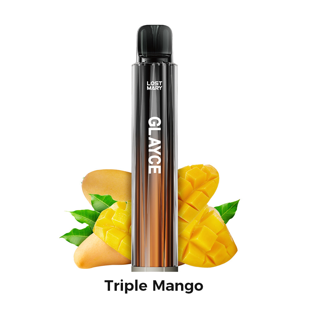 Svapatore Lost Mary Tappo Glayce Triple Mango, dispositivo a cialda dall'intenso sapore di mango tropicale, compatibile con capsule Lost Mary Tappo, design compatto in formato stick con bocchino integrato e presentazione visiva ispirata ai manghi che rappresentano il sapore del prodotto.
