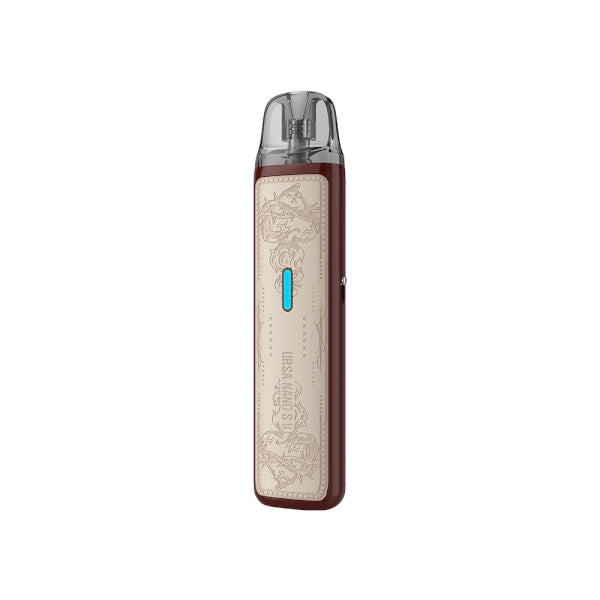 Vaper recargable Lost Vape Ursa Nano S II Pod Kit en color beige, con diseño compacto y ligero, acabado texturizado, boquilla transparente en la parte superior y luz LED frontal indicadora de batería.