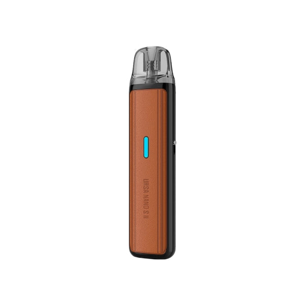 Vaper recargable Lost Vape Ursa Nano S II Pod Kit en color marrón, con diseño compacto y ligero, acabado texturizado, boquilla transparente en la parte superior y luz LED frontal indicadora de batería.