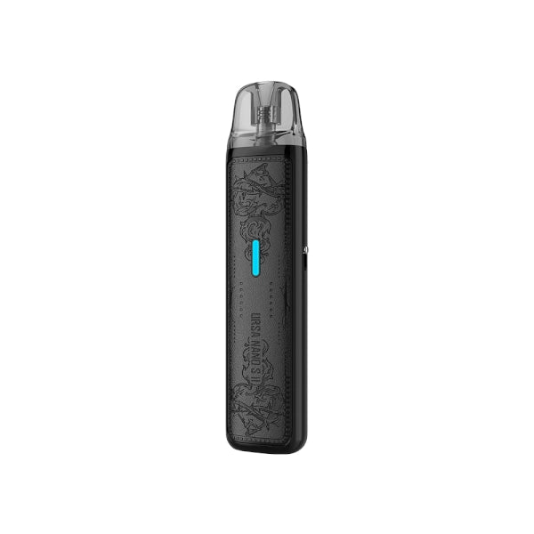 Vaper recargable Lost Vape Ursa Nano S II Pod Kit en color negro, con diseño compacto y ligero, acabado texturizado, boquilla transparente en la parte superior y luz LED frontal indicadora de batería.