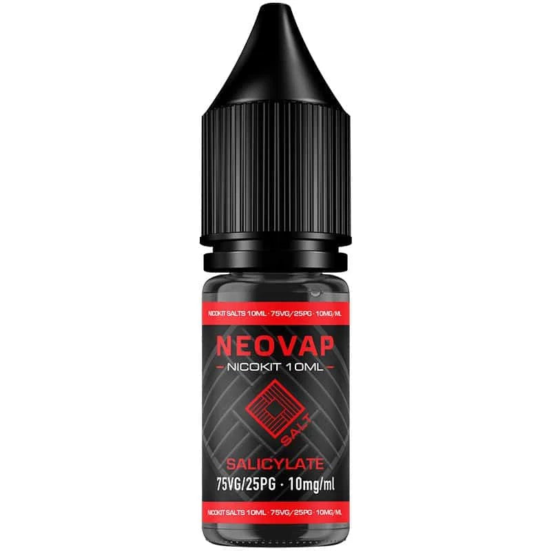 Flacon e-liquide Nicokit Salt Salicylate Neovap de 10 ml, avec design noir et détails rouges, bouchon de sécurité de type compte-gouttes et étiquette frontale indiquant le ratio 75VG/25PG et 15 mg/ml de nicotine.