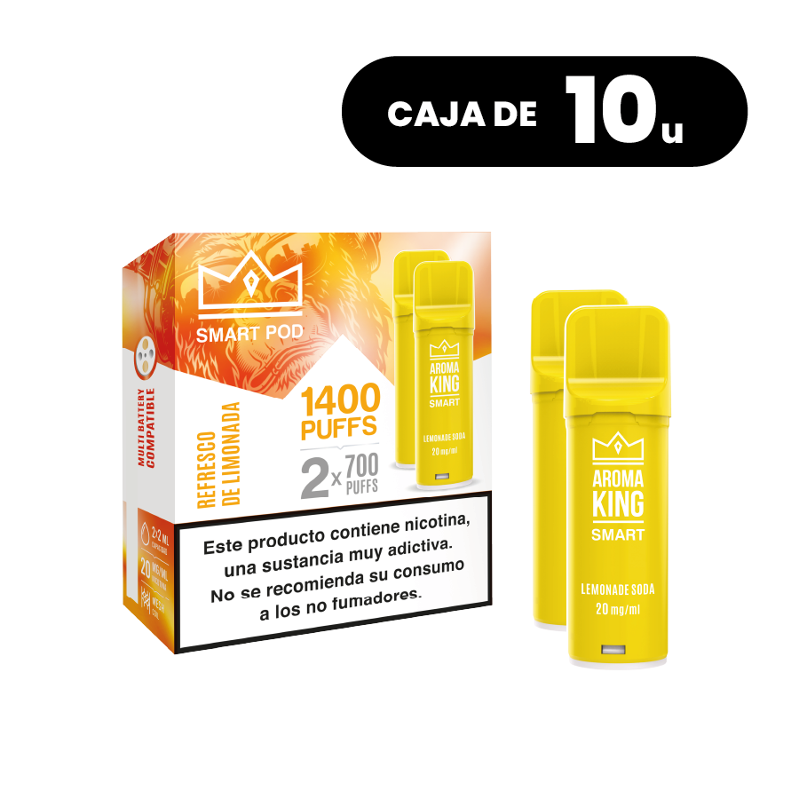 Confezione da 10 scatole Aroma King Smart Pod Lemonade Soda, cialde vaporizzate al gusto limonata dalle note rinfrescanti, sistema fino a 1400 boccate (2x700 tiri) e 20 mg/ml di nicotina, presentato nella sua scatola gialla originale.