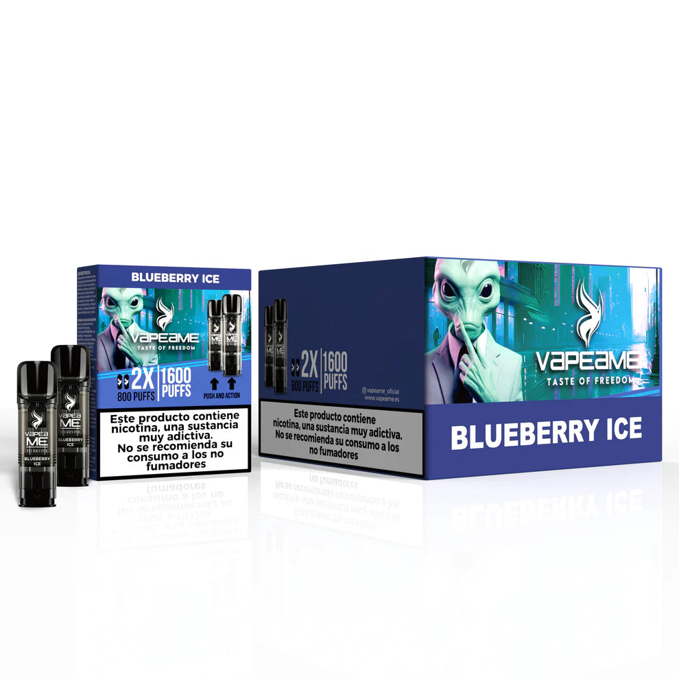 Confezione da 10 scatole di capsule Vapeame Baccelli per vaporizzazione al gusto di mirtillo dolce e mirtillo con sistema 2x800 puff (fino a 1600 tiri), presentato nella sua scatola originale.