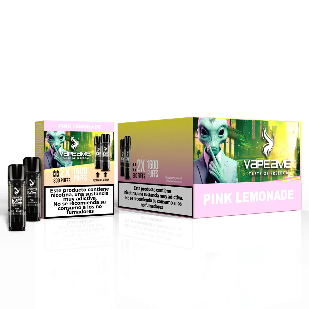 Confezione da 10 scatole di capsule Vapeame Pink Lemonade, cialde da vaporizzare al gusto di limonata rosa con note di agrumi e dolci, compatibile con dispositivi Vapeame, presentato nella sua scatola originale.