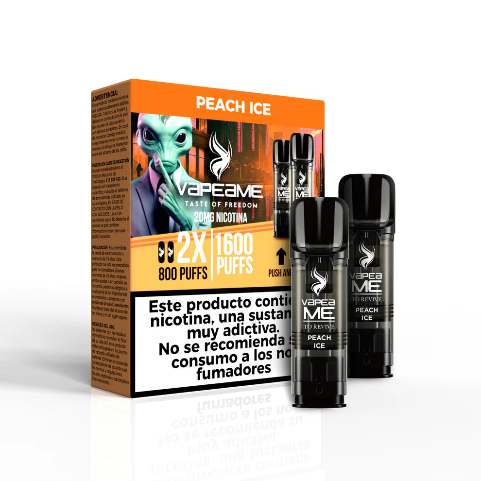 Pack of 10 boxes of capsules Vapeame Peach Ice, with a design in orange and black tones, which includes disposable pods with a cold peach flavor.