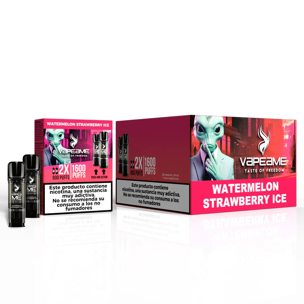 Pack of 10 boxes of capsules Vapeame Watermelon Strawberry Ice, watermelon and strawberry flavor vape pods with a refreshing menthol touch, 2x800 puffs system (up to 1600 puffs), presented in its original red box.
