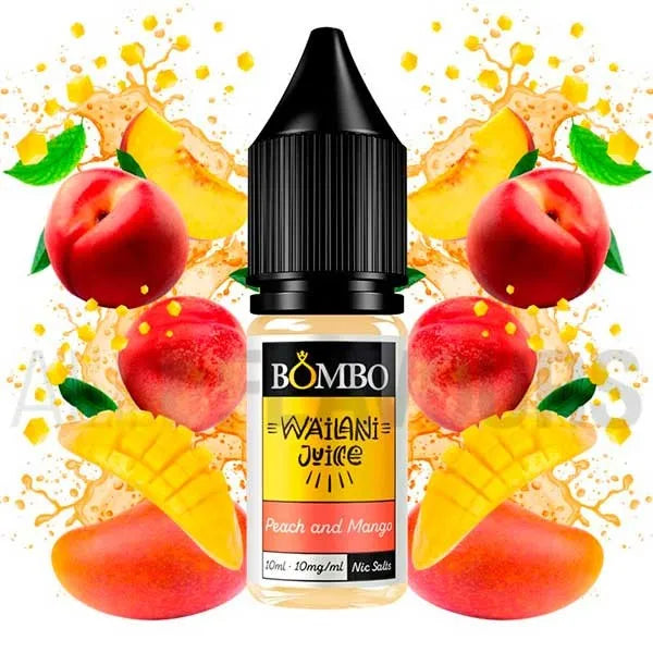 10 ml bottle of Wailani by Bombo Peach and Mango nicotine salts with a label in orange and yellow tones, along with its box, accompanied by peach and mango that evoke a sweet and tropical flavor.