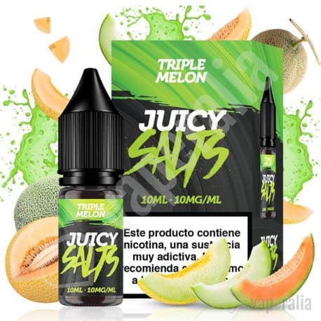 liquido da svapare Juicy Salts Triple Melon 10ml, con una bottiglia nera di sali di nicotina accompagnata dalla sua scatola, design nei toni del verde e frutti di melone (melone, melone verde) intorno.