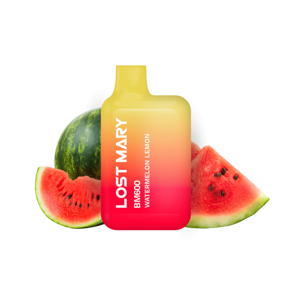 Vaper desechable Lost Mary BM600 Watermelon Lemon 20 mg/ml, dispositivo compacto con hasta 600 puffs y e-liquid sabor mezcla de sandía y limón con perfil dulce y cítrico, diseño ergonómico con boquilla integrada y presentación visual inspirada en frutas que representan el sabor del producto.