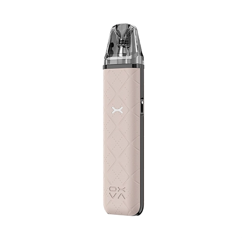 Vaper recargable Oxva Xlim Go Pod Kit en color beige con acabado texturizado, diseño compacto sin pantalla visible y boquilla transparente en la parte superior.