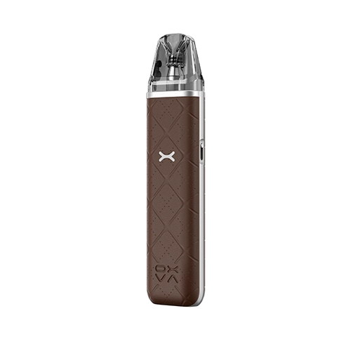 Vaper recargable Oxva Xlim Go Pod Kit en color marrón con acabado texturizado, diseño compacto sin pantalla visible y boquilla transparente en la parte superior.