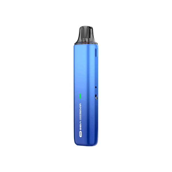 Vaper recargable Vaporesso Vibe SE Pod Kit en color azul con diseño compacto tipo stick, indicador LED frontal, depósito transparente superior y boquilla negra integrada.