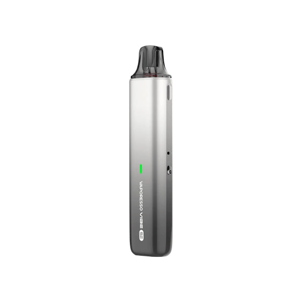 Vaper recargable Vaporesso Vibe SE Pod Kit en color gris con diseño compacto tipo stick, indicador LED frontal, depósito transparente superior y boquilla negra integrada.