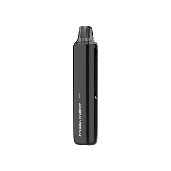 Vaper recargable Vaporesso Vibe SE Pod Kit en color negro con diseño compacto tipo stick, indicador LED frontal, depósito transparente superior y boquilla negra integrada.