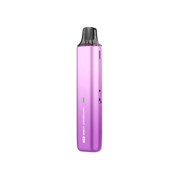 Vaper recargable Vaporesso Vibe SE Pod Kit en color púrpura con diseño compacto tipo stick, indicador LED frontal, depósito transparente superior y boquilla negra integrada.
