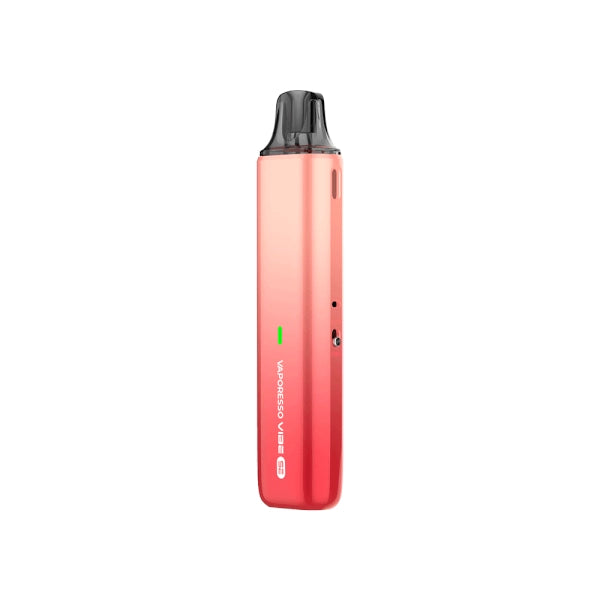 Vaper recargable Vaporesso Vibe SE Pod Kit en color rosa degradado con diseño compacto tipo stick, indicador LED frontal, depósito transparente superior y boquilla negra integrada.