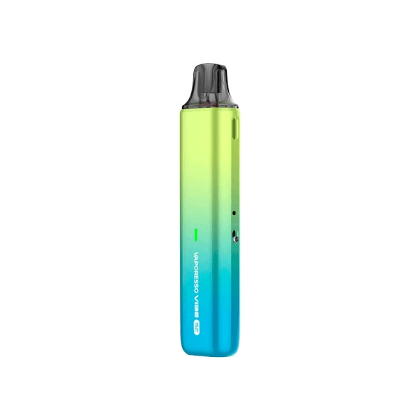 Vaper recargable Vaporesso Vibe SE Pod Kit en color verde degradado con diseño compacto tipo stick, indicador LED frontal, depósito transparente superior y boquilla negra integrada.