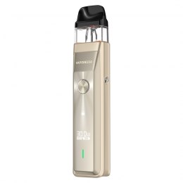 Vaper recargable Vaporesso Xros Pro Pod Kit en color dorado con diseño moderno, pantalla frontal que muestra potencia y batería, botón circular central y cartucho transparente superior con boquilla negra.