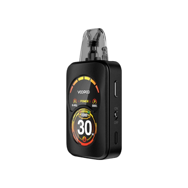 Vaper recargable Voopoo Argus A Pod Kit en color negro, con diseño compacto y cuadrado, pantalla frontal circular con indicadores de potencia y batería, iluminación LED dinámica y cartucho superior transparente con boquilla integrada.